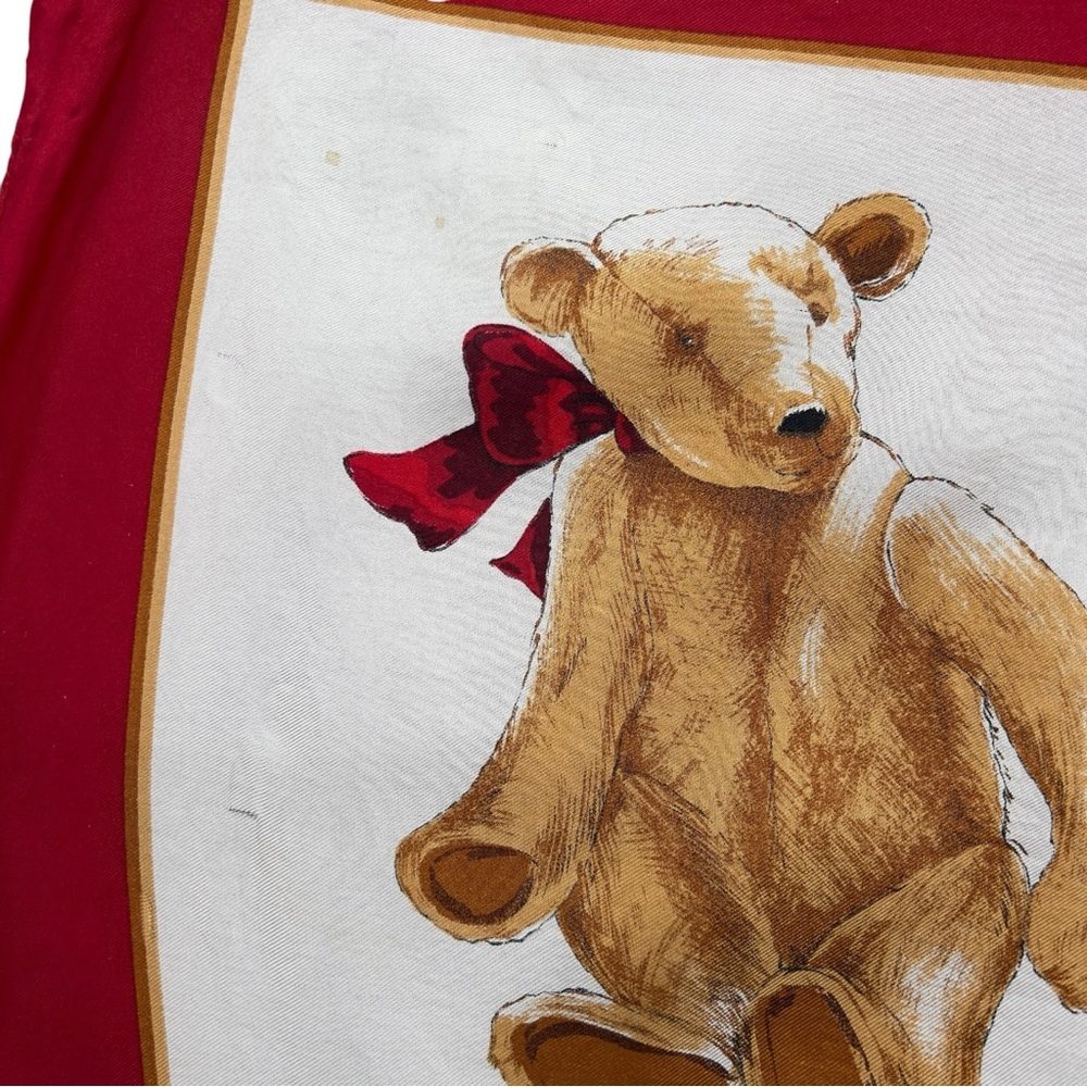 Vintage Echo Silk Scarf Christmas Toys Train Teddy Bear Rocking Horse Red Border - Picture 8 of 13